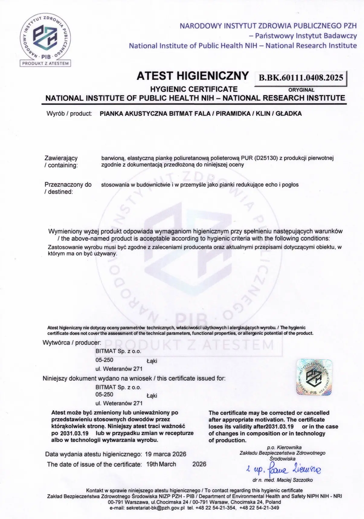 Atest Higieniczny Bitmat AF-25